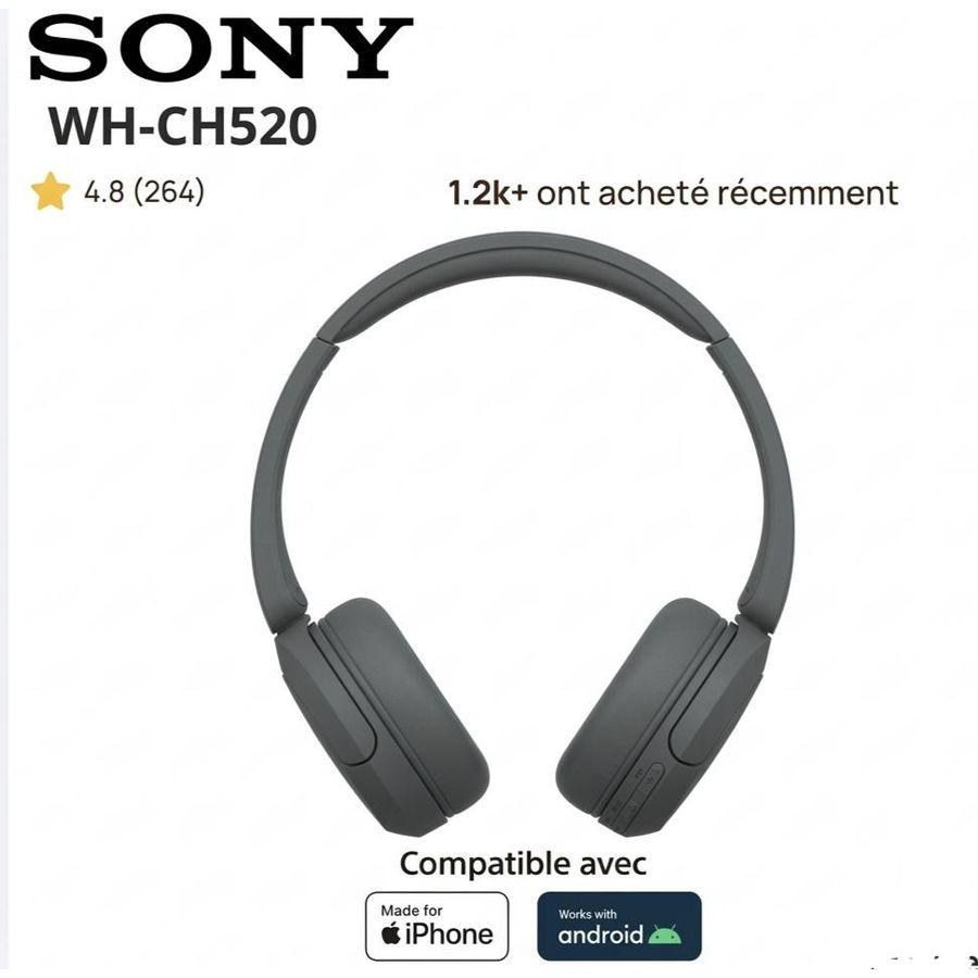 Casque sans fil Sony WH-CH520 – Bluetooth, 50 h d’autonomie