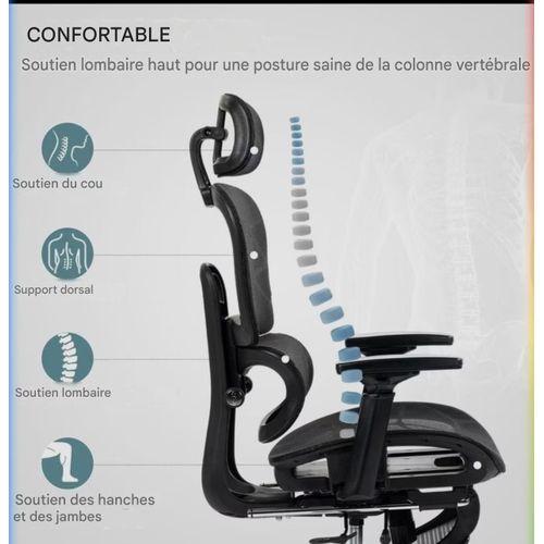 Chaise de Bureau tout option qualité supérieure Ergonomique – 3D & Inclinaison 145° (Noir) — photo 2