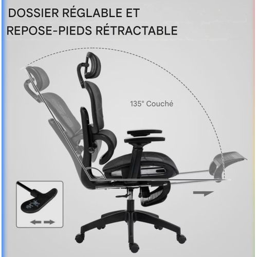 Chaise de Bureau tout option qualité supérieure Ergonomique – 3D & Inclinaison 145° (Noir)