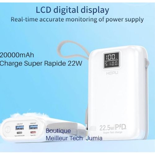 Hepu Power Bank 20000mAh Hp-A02 Blanc- 22W Charge Super Rapide Type-C Et iPhone z