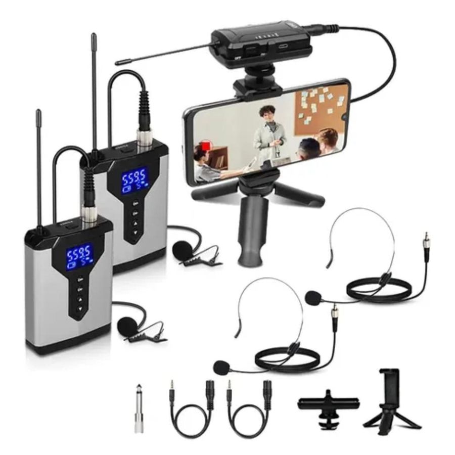 Kit microphone sans fil UHF – 2 émetteurs, micros cravate et serre-tête