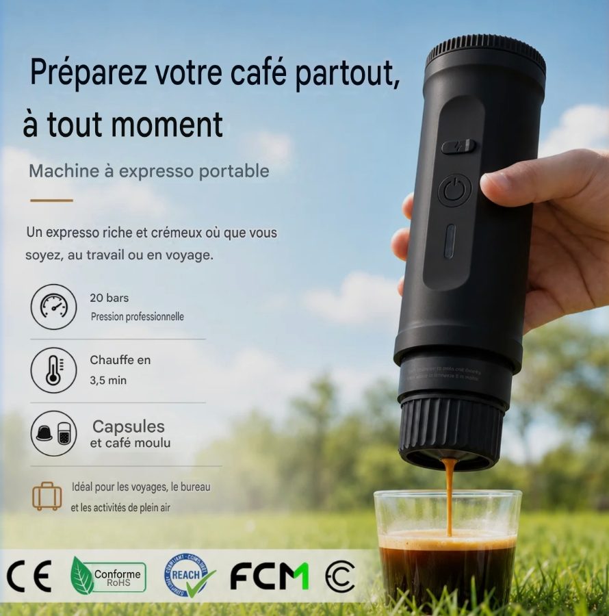 Machine à café portable Qualité supérieur (20Bar) 2-en-1 compatibles capsules Espresso et café moulu
