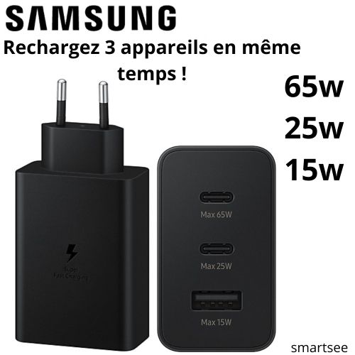 Samsung Boitier de Charge Rapide original 3 ports USB-C, port USB-A- 65w,25w,15w noir Avec ou sans câble