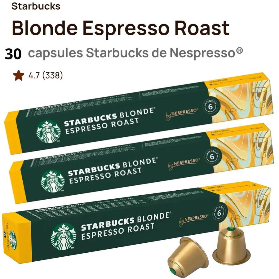 Starbucks Blonde Espresso Roast – 30 capsules pour Nespresso (intensité 6)