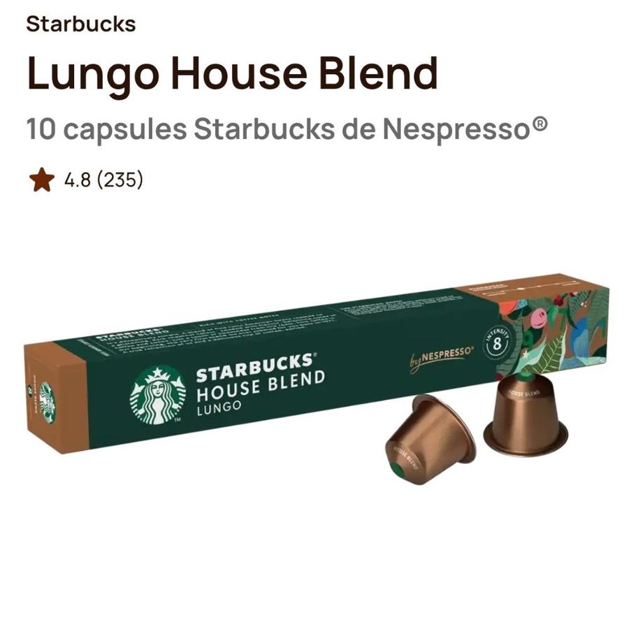 Starbucks Lungo House Blend – 10 capsules pour Nespresso (intensité 8)