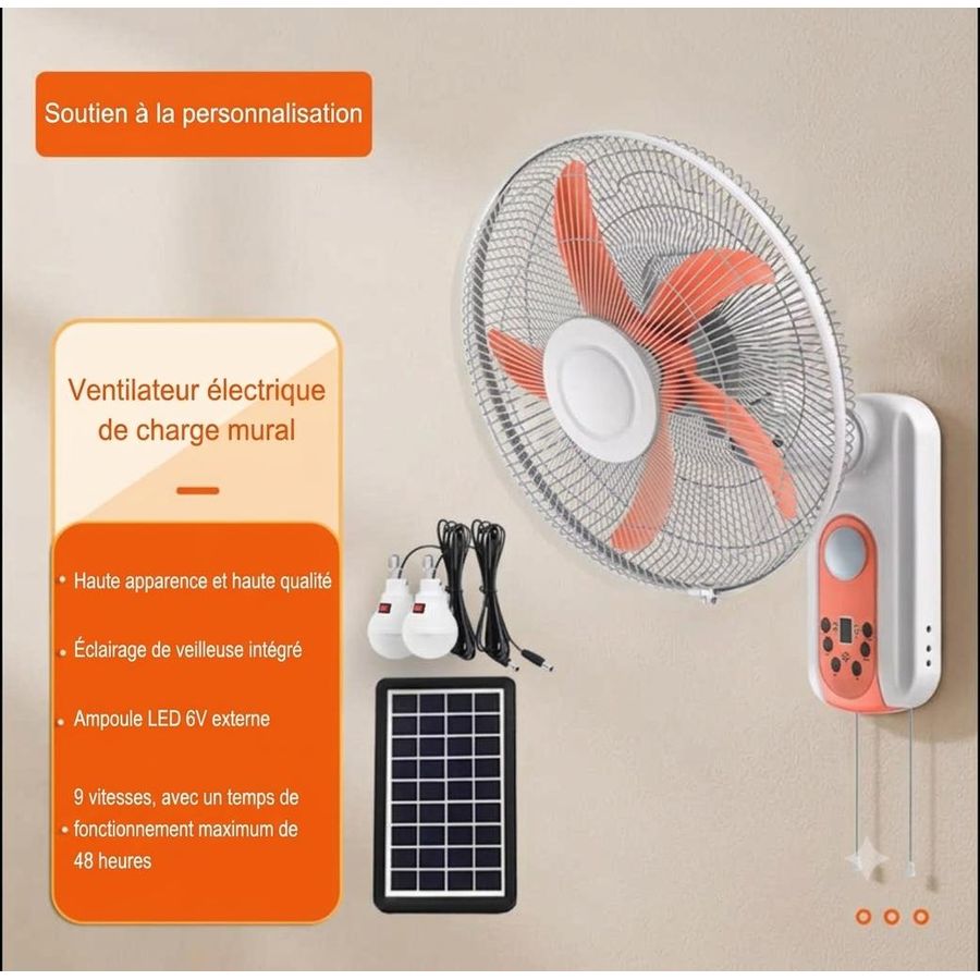 Ventilateur mural rechargeable solaire 16 pouces – 2 ampoules LED et panneau solaire inclus — photo 2