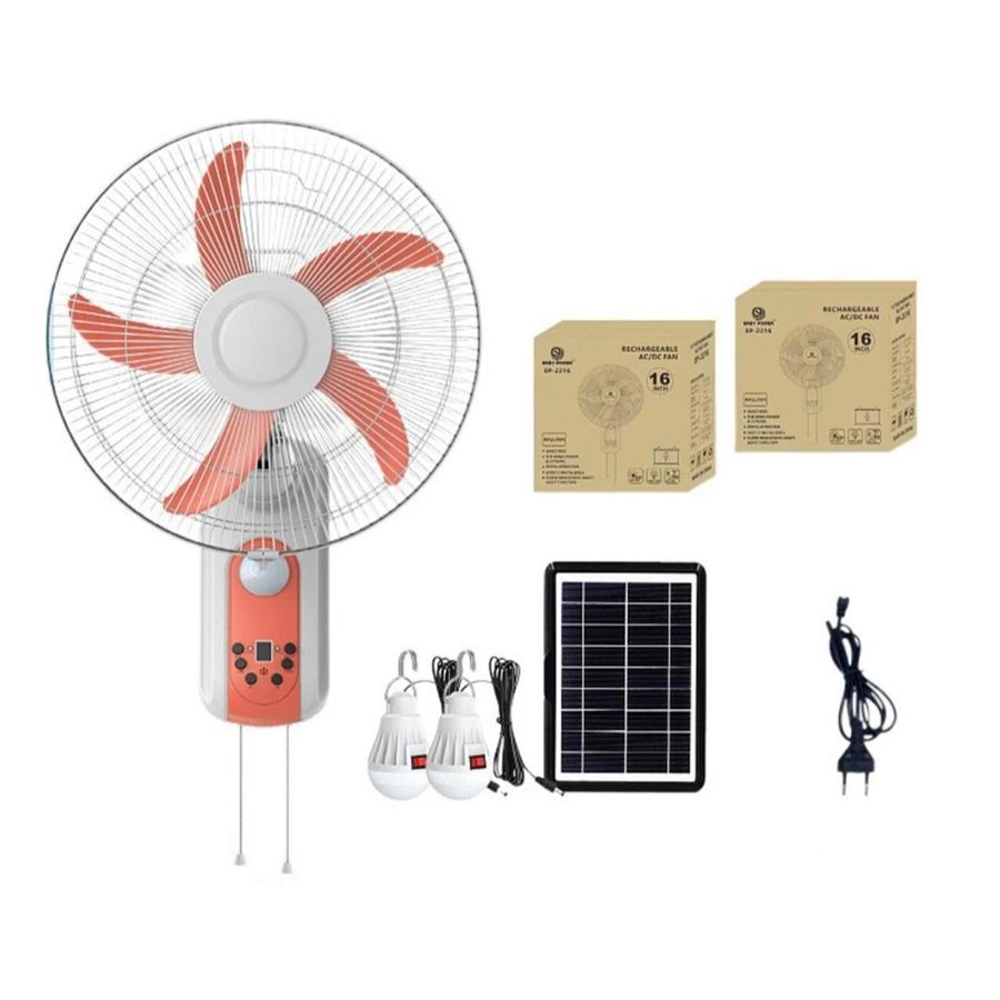 Ventilateur mural rechargeable solaire 16 pouces – 2 ampoules LED et panneau solaire inclus